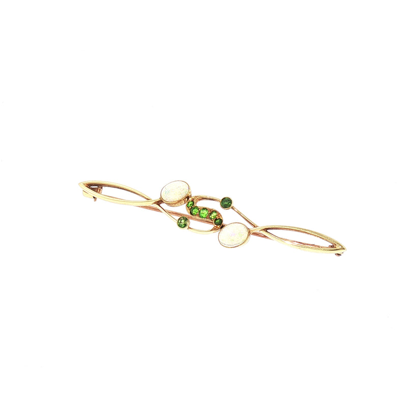 Vintage Art Deco Style Natural Opal and Demantoid Garnet Bar Brooch