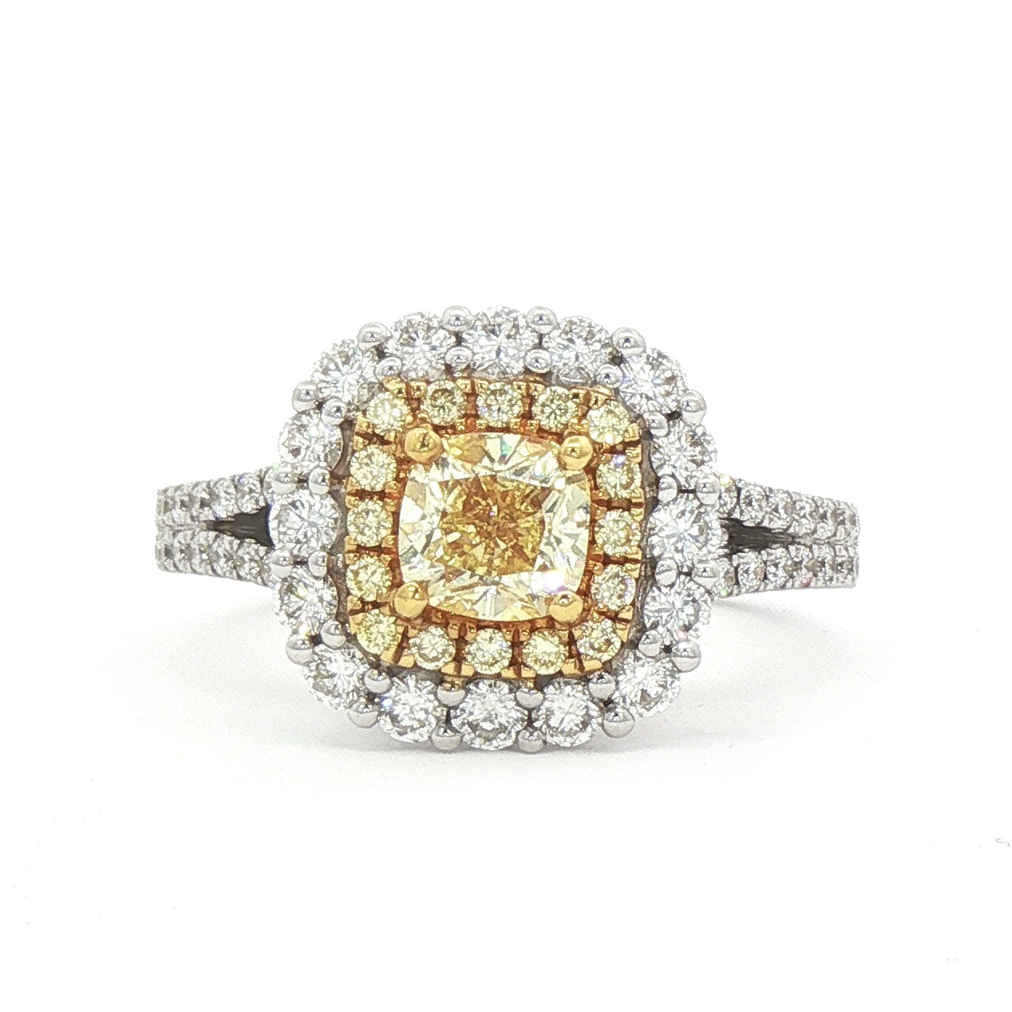 Yellow Diamond 0.61ct & Natural Diamond 0.67ct Cushion Set Halo in 18ct White Gold
