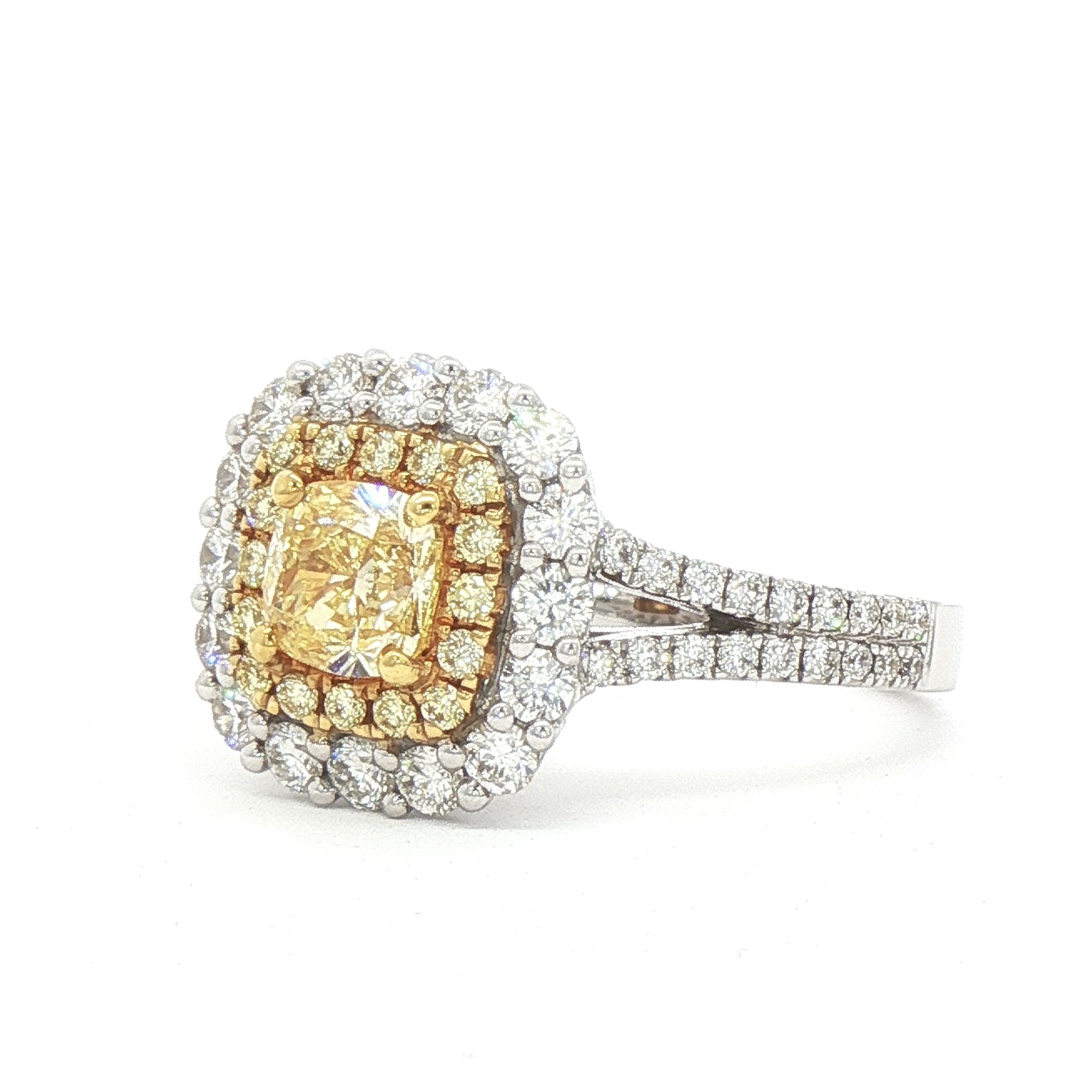 Yellow Diamond 0.61ct & Natural Diamond 0.67ct Cushion Set Halo in 18ct White Gold