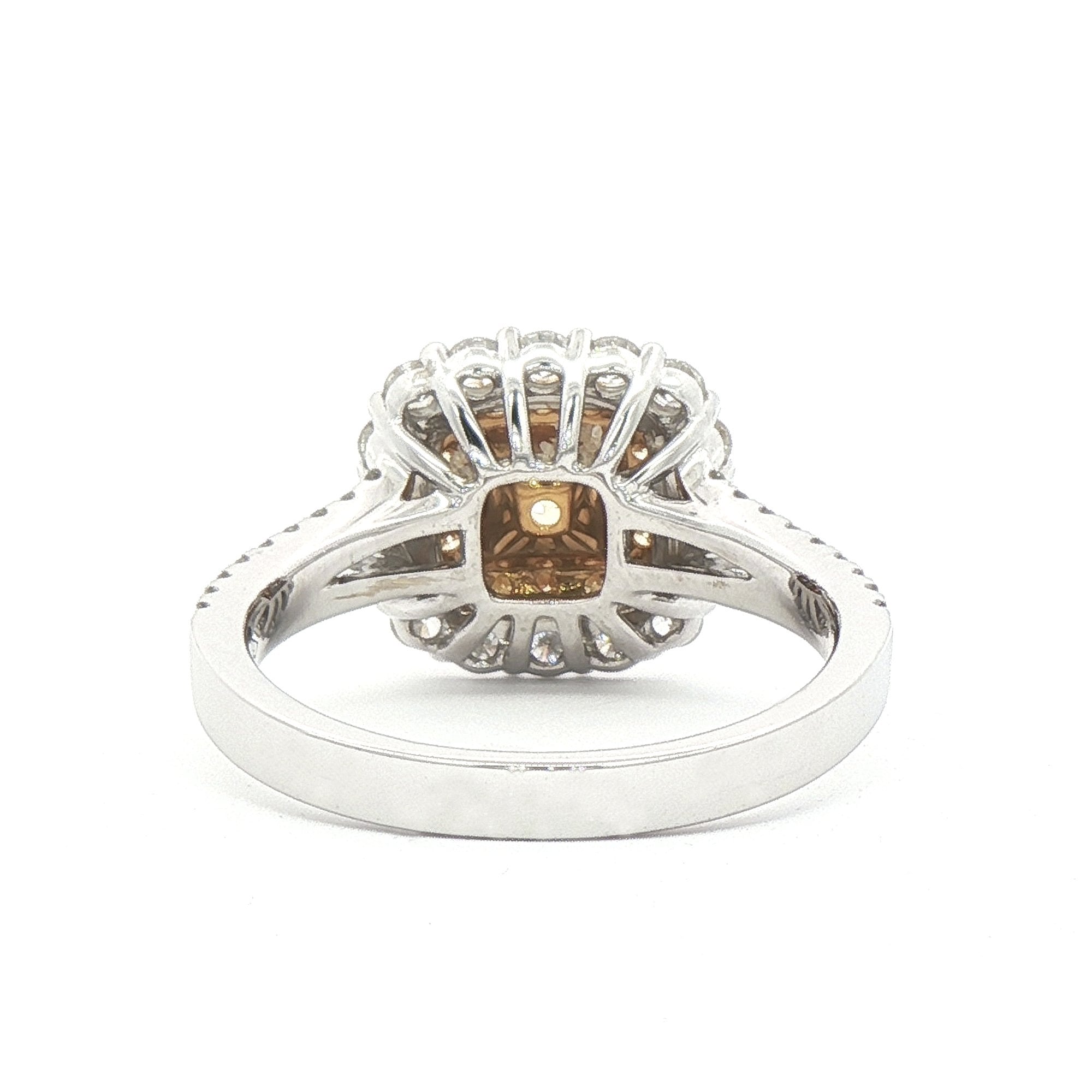 Yellow Diamond 0.61ct & Natural Diamond 0.67ct Cushion Set Halo in 18ct White Gold