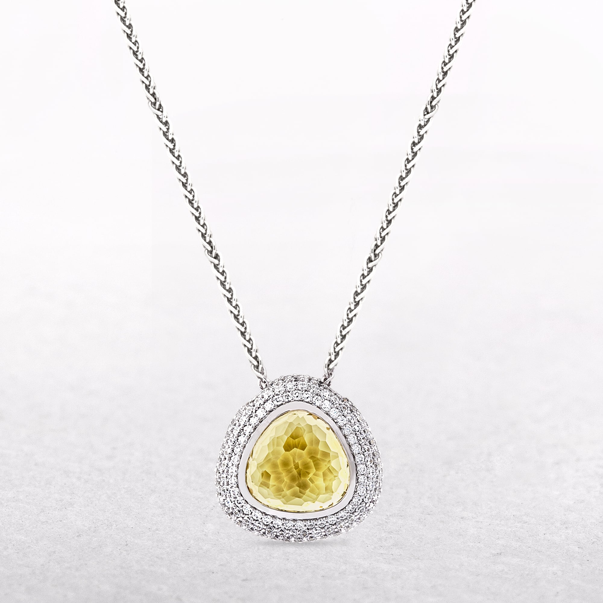 Yellow Quartz Pendant with Cubic Zirconias Set In Silver