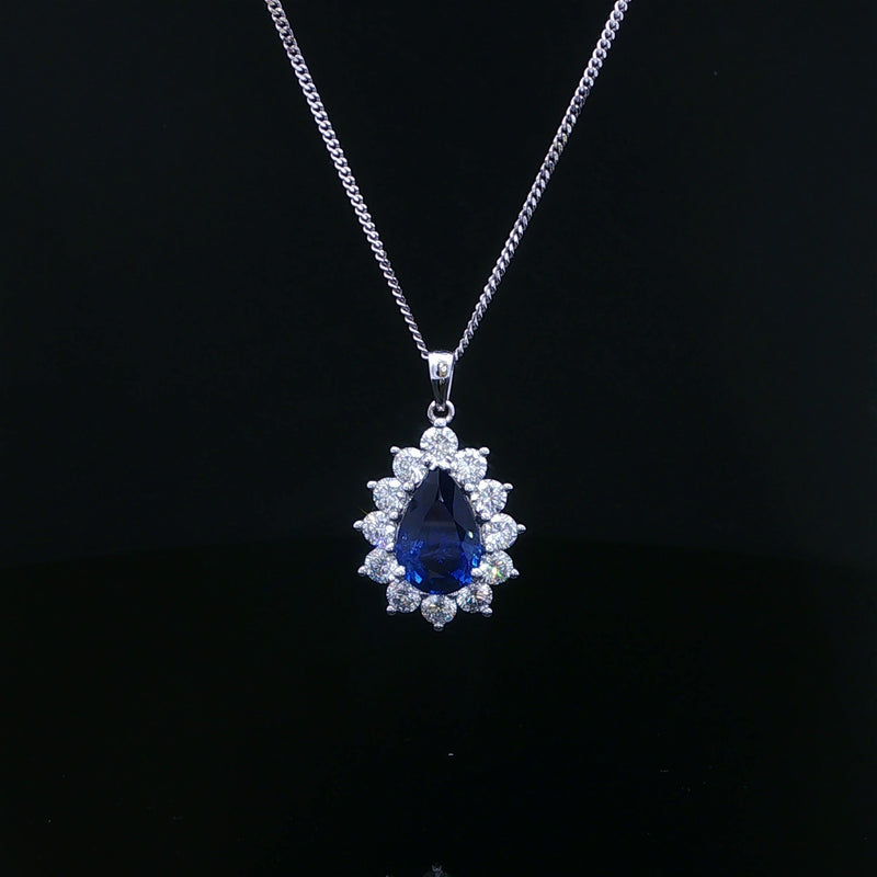 Pear-Cut Royal Blue Sapphire Halo Pendant in 18ct White Gold