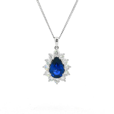 Pear-Cut Royal Blue Sapphire Halo Pendant in 18ct White Gold