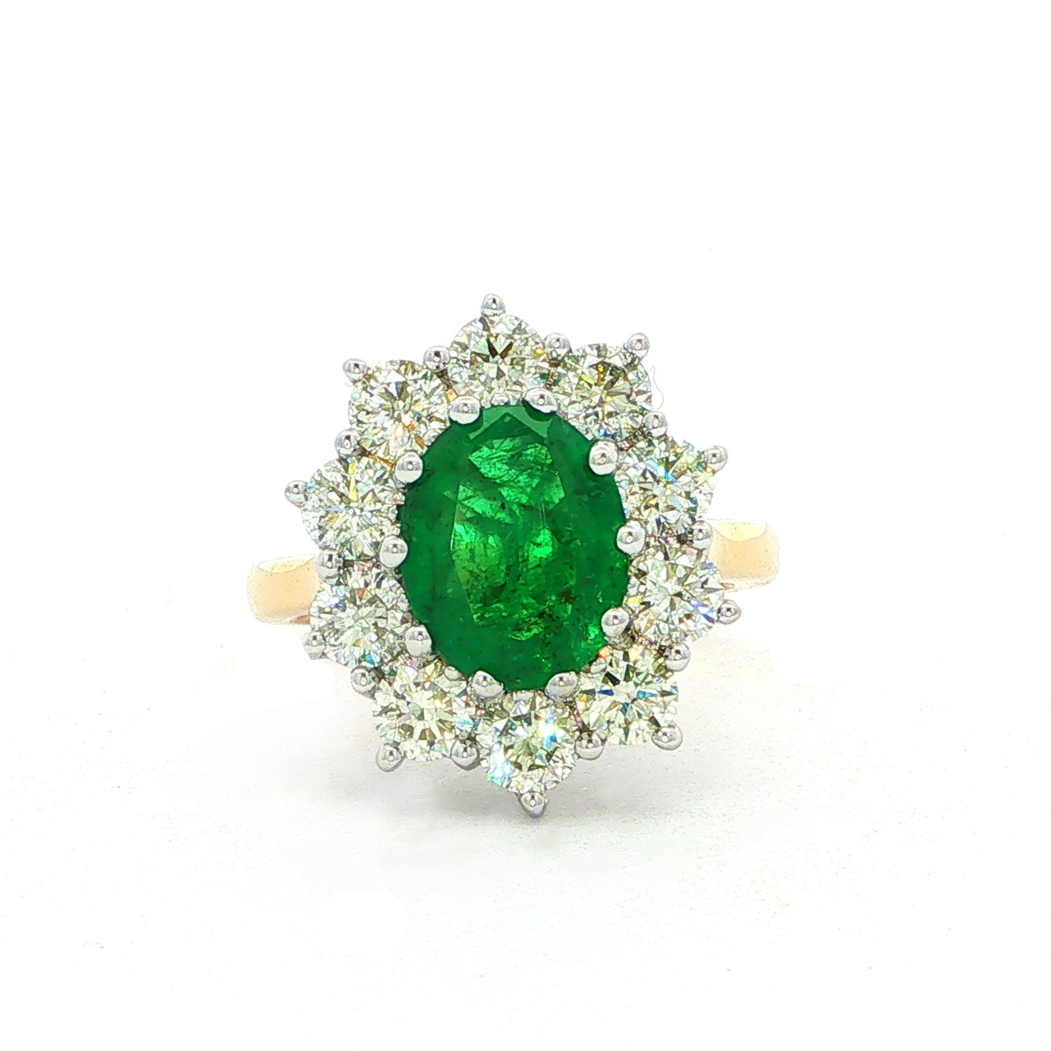 Oval Emerald and Nautral Diamond Halo Cocktail Ring in 14ct Yellow Gold